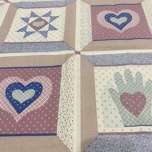Vintage Fabric 1 Yd X 44” Quilted Print Pink Tan Blue Hearts Hands Cotton